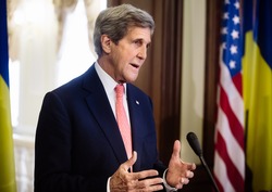 KIEV, UKRAINE - Jul 7, 2016: US Secretary of State John Kerry during a joint press conference with President of Ukraine Petro Poroshenko in Kiev