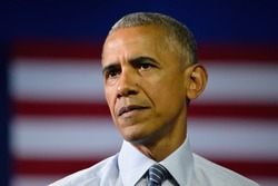 CHARLOTTE, NC, USA - JULY 5, 2016: President Barack Obama with a solemn face while delivering a speech at the Charlotte Convention Center.