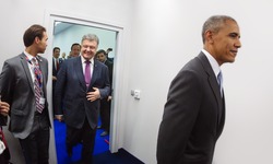 WARSAW, POLAND - Jul 9, 2016: President of Ukraine Petro Poroshenko and US President Barack Obama at the NATO summit in Poland