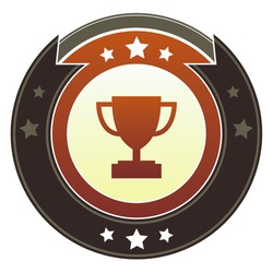 Trophy, contest, or award icon on round red and brown imperial vector button with star accents