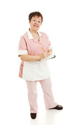 Friendly waitress waiting to take your food order. Full body isolated on white.