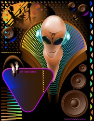 party club invitation flyer with cool Alien disc-jockey and eletric triangle sign