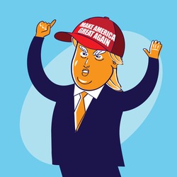 JULY 23, 2016: Illustrative editorial cartoon of USA Republican presidential candidate Donald Trump wearing his baseball cap. EPS 10 vector.