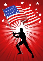 Silhouette illustration of a man holding the flag of The United States of America, flag bearer, patriotism concept