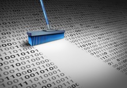 Deleting data technology concept as a broom wiping clean binary code as an internet security symbol or to delete an email and clean a hard drive server with 3D illustration elements.