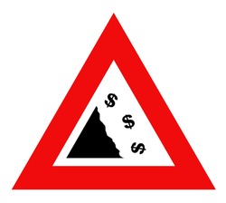 Falling dollar currency sign in red warning triangle, isolated on white background.