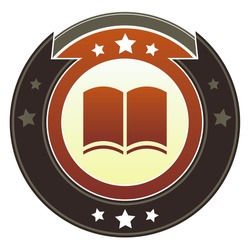 Book, literacy, or literary icon on round red and brown imperial vector button with star accents suitable for use on website, in print and promotional materials, and for advertising.