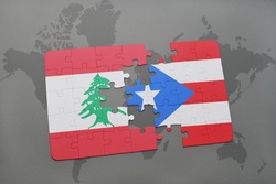 puzzle with the national flag of lebanon and puerto rico on a world map background. 3D illustration