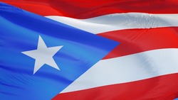 Puerto Rico flag waving against clean blue sky, close up, isolated with clipping path mask alpha channel transparency