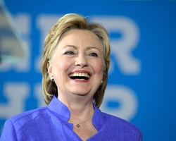 CINCINNATI, OHIO, USA - JUNE 27, 2016: Hillary Clinton laughing at a campaign event in the Museum Center with Senator Elizabeth Warren.