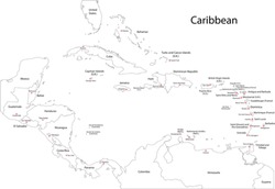Outline Caribbean map with countries and capital cities