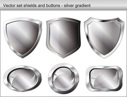 Vector illustration set. Shiny and glossy shield and button with silver colors. Abstract objects isolated on white background.