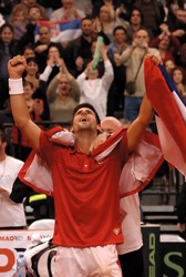 BELGRADE - MARCH 7: Serbian Novak Djokovic celebrate a victory against American John Isner during DAVIS CUP SERBIA - USA, MARCH 7, 2010 in Belgrade, Serbia.Djokovic won 3-2