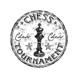 Black grunge rubber stamp with chess king symbol and the text chess tournament written inside the stamp