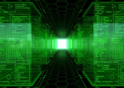 3d generated abstract background with a hex pattern floor an a lot of cubes with green assembly text