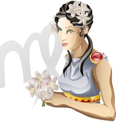 Illustration representing Virgo the virgin star or birth sign. Includes the symbol or icon in the background