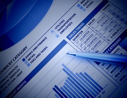 A closeup of a business financial chart with bar and pie graphs. A pen is on top. Can be used to represent business expenses, growth or revenue. There is a blue color to it.