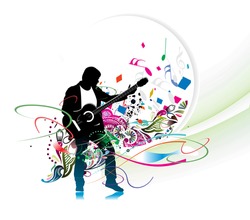 silhouette music men play a guitar with color wave line background, Vector Illustration, no mesh in this vector