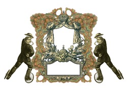Luxuriously color illustrated old victorian frame with two man on roller skates.