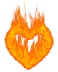 Burning heart shaped conceptual symbol isolated on white background