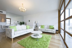 Contemporary living area with designer furniture, with green fragments and floor to ceiling windows