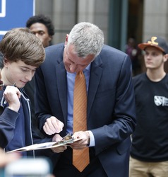 NEW YORK CITY - OCTOBER 13 2016: NYC mayor de Blasio helped register voters on Jay S & later held a press conference calling for reform of NY's election's process