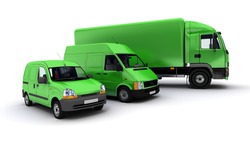3D rendering of a truck, a van and a lorry against a neutral background