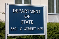 WASHINGTON, DC - SEPTEMBER 10: Sign for the United States Department of State Headquarters on September 10, 2016 in Washington, DC. The department is led by the Secretary of State.