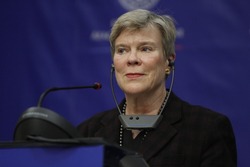 BUCHAREST, ROMANIA - November 07, 2016: NATO Deputy Secretary General Rose Gottemoeller speaks at the joint press conference with Foreign Minister of Romania, Lazar Comanescu.
