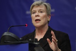 BUCHAREST, ROMANIA - November 07, 2016: NATO Deputy Secretary General Rose Gottemoeller speaks at the joint press conference with Foreign Minister of Romania, Lazar Comanescu.