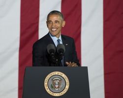 PHILADELPHIA, PA - NOVEMBER 7, 2016: Barack Obama smiles. The President of the United States delivers a speech at a campaign rally for Hillary Clinton the Democratic nominee for President.
