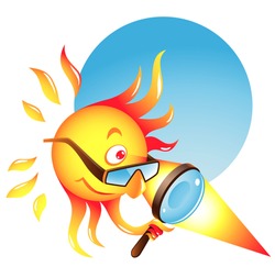 Vector summer sun using his burning glass to heat some surface or produce sunburn