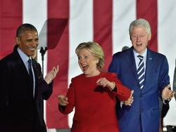 PHILADELPHIA, PA - NOVEMBER 7, 2016: Hillary Clinton laughs at the conclusion of her speech at a campaign rally on stage with President Obama and former President Bill Clinton.