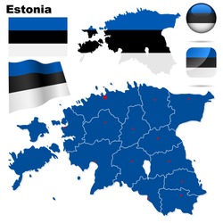 Estonia vector set. Detailed country shape with region borders, flags and icons isolated on white background.