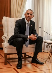 Athens, Greece, November 15, 2016: U.S. President Barack Obama during of meeting with the Greek Prime Minister Alexis Tsipras, with at Maximos Mansion in Athens