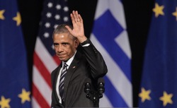 Athens, Greece, Nov 16, 2016:U.S. President Barack Obama waves to the crowd as he delivers a speech at the new opera of Athens on Wednesday