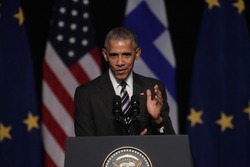 Athens, Greece, Nov 16, 2016:U.S. President Barack Obama waves to the crowd as he delivers a speech at the new opera of Athens on Wednesday