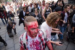 TURIN,ITALY-OCTOBER 4, 2015: Zombie Walk Demostration make up and visual effects at theme of Zombie in Turin, Italy