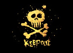 Warning pirate sign keep out with skull & bones isolated on a black background.