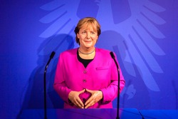 AMSTERDAM, NETHERLANDS - OCT 26, 2016: Angela Merkel, German cancelloe, Madame Tussauds wax museum in Amsterdam. One of the popular touristic attractions