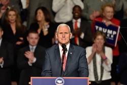 HERSHEY, PA - DECEMBER 15, 2016: Vice President-Elect Mike Pence pauses as he delivers a speech to a large crowd at a Thank You rally held at the Giant Center.