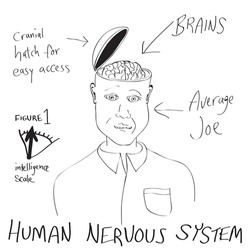 A funny cartoon diagram of a man with his head opening up revealing his brain.