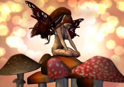 A pretty female fairy sitting on a mushroom. Peach and pinks and browns and yellow light surround her.