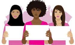 Women protesting with crowd of protesters behind them. Group of multicultural women holding protest signs with copy space. Concept for feminism, equality, fair wages, political protest.