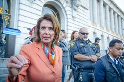 SAN FRANCISCO CA/UNITED STATES - JANUARY 15 2017: Nancy Pelosi, congresswoman of 12th congressional district of San Francisco talks to constituents after a Healthcare Rally in front of city hall.