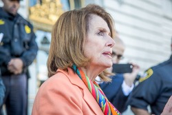 SAN FRANCISCO - JANUARY 15 2017:Nancy Pelosi, Democratic minority leader of the House of Representatives speaks to constituents after Healthcare rally at San Francisco city hall.