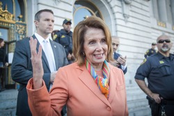 SAN FRANCISCO - JANUARY 15 2017: Nancy Pelosi, Democratic minority leader of the House of Representatives speaks to constituents after Healthcare rally at San Francisco city hall.
