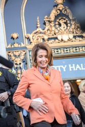 SAN FRANCISCO - JANUARY 15 2017: Nancy Pelosi, Democratic minority leader of the House of Representatives speaks to constituents after Healthcare rally at San Francisco city hall.