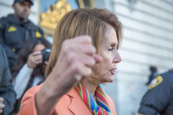 SAN FRANCISCO - JANUARY 15 2017: Nancy Pelosi, Democratic minority leader of the House of Representatives speaks to constituents after Healthcare rally at San Francisco city hall.