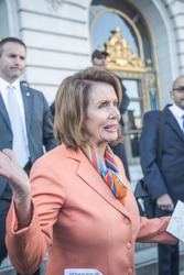 SAN FRANCISCO - JANUARY 15 2017: Nancy Pelosi, Democratic minority leader of the House of Representatives speaks to constituents after Healthcare rally at San Francisco city hall.